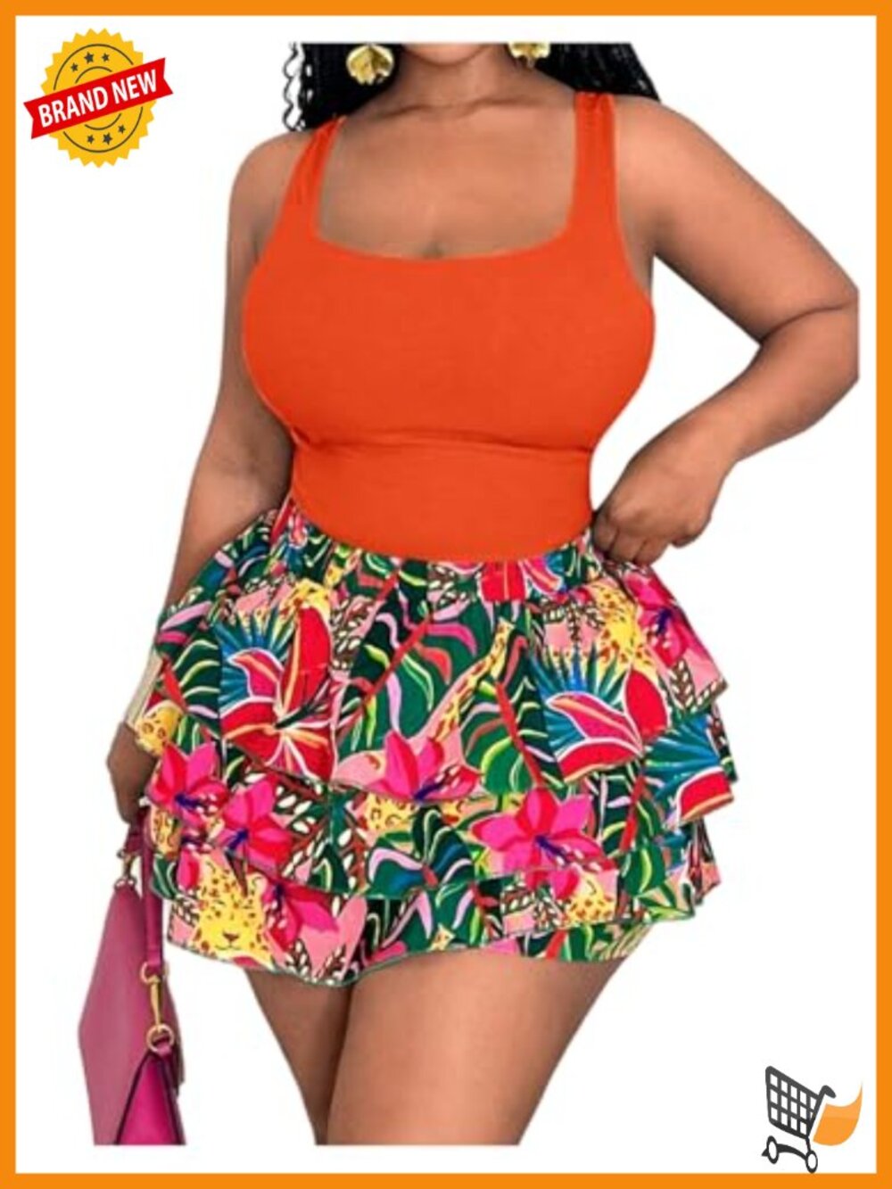 Plus Size 2 Piece Summer Outfit Floral Print Tank Top and Ruffle Layered Shorts